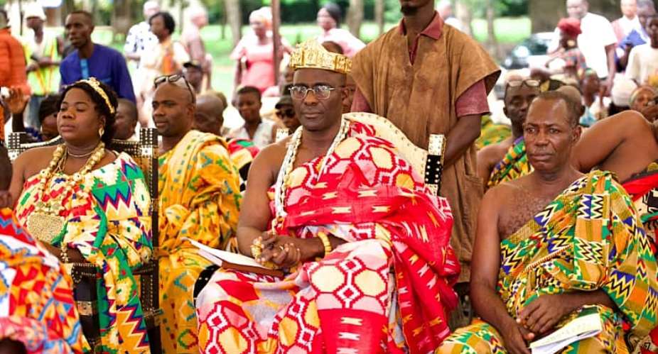 Togbe Koku Dzaga XI, Paramount Chief of Klefe Traditional Area sitting in state during the 2025 Yam Festival