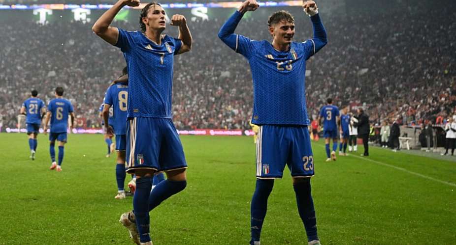 Pio Esposito (left) celebrates scoring Italys fourth goal with Gianluca Mancini during a match between Turkey and Italy at the Ataturk Sports Complex Matl Stadium in Bursa on September 28, 2026. -  Ozan Kose, AFP