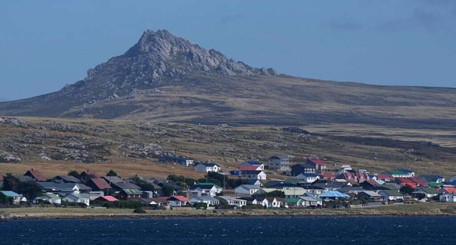 Mount Tumbledown stands tall behind Stanley on the Falkland Islands, also known as Islas Malvinas, March 16, 2026 -  AP