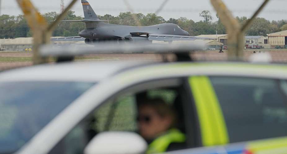 A B1 bomber prepares to take off as police officers man a checkpoint near RAF Fairford airbase, on September 29, 2026. -  Alastair Grant, AP