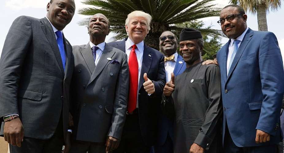 Trump poses with African leaders, Kenyatta, Alpha Condeacute;, former chairperson of the African Union, etc, photo credit: Icopy; AP ImagesI