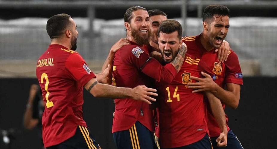 LUIS JOSE GAYA OF SPAIN CELEBRATES WITH TEAMMATES AFTER SCORING HIS TEAM'S FIRST GOAL DURING THE UEFA NATIONS LEAGUE GROUP STAGE MATCH BETWEEN GERMANY AND SPAIN AT MERCEDES-BENZ ARENAIMAGE CREDIT: GETTY IMAGES