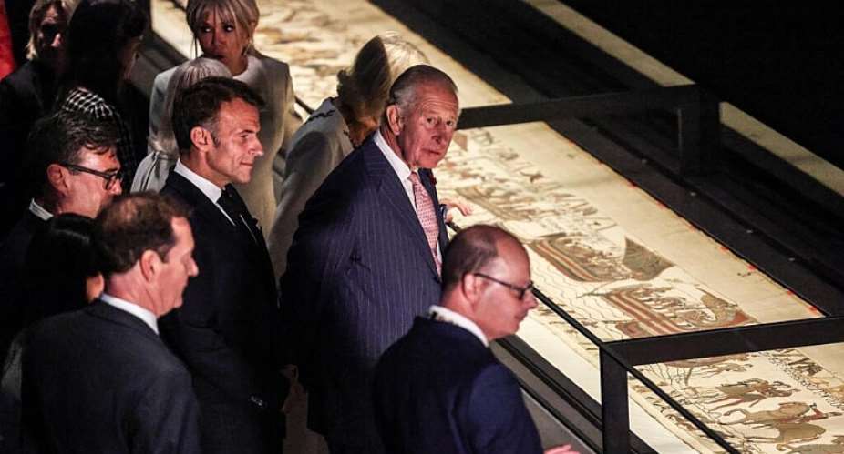 French President Emmanuel Macron alongside British leaders at the Bayeux Tapestry Exhibition at the British Museum in London on September 2, 2026. -  AP