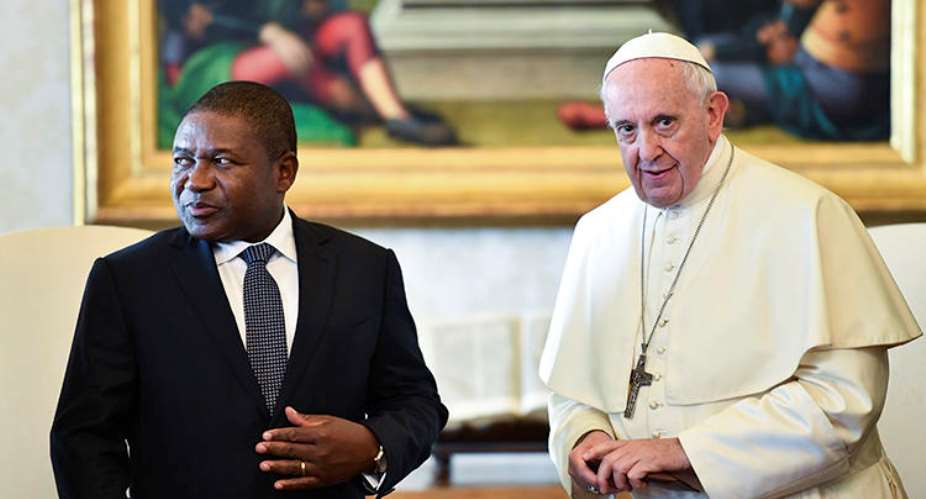 Pope Francis is seen with Mozambique President Filipe Nyusi at the Vatican on September 14, 2018. The pope recently began a visit to Mozambique, which has seen a crackdown on journalists over the past year. Alberto PizzoliPool via AP