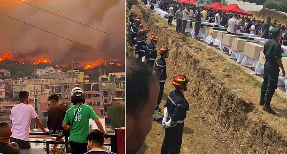 The death toll remains unknown for the wildfires that ripped across the region of Jijel in northeastern Algeria (shown in the image to the left). While the official number given on August 26 was just 12 dead, footage and information from the ground make it seem as if the number could be in the hundreds. A mass burial took place on August 28 in the village of Djemaa Beni Habibi (at right). -  Observers