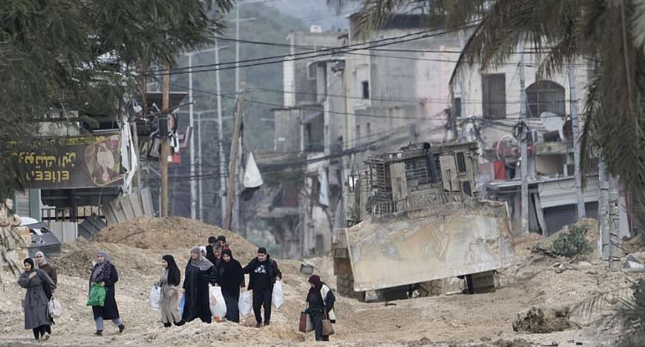 File photo of residents of the West Bank refugee camp of Nur Shams, near Tulkarem, evacuating their homes taken February 11, 2025. -  Majdi Mohammed, AP