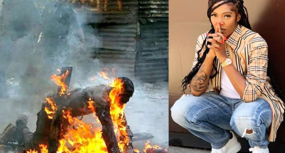 A foreigner being burnt alive in SA Tiwa Savage