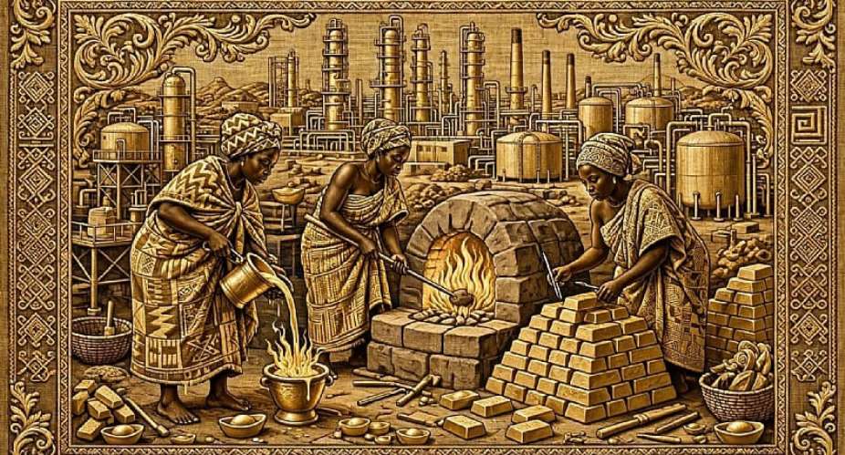 Tapestry in gold depicting traditional Ghanaian gold smelting in front of a modern refinery complex, artistic illustration for editorial use only. Picture by Ghana Gold Intelligence