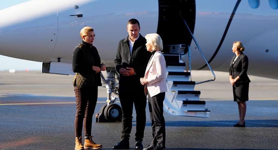 Denmarks Prime Minister Mette Frederiksen (left) and  Greenlands head of government Jens-Frederik Nielsen (centre) met European Commission president Ursula von der Leyen (right) at the start of her two-day visit to Greenland. - Mads Claus Rasmussen/Ritzau Scan - Mads Claus Rasmussen