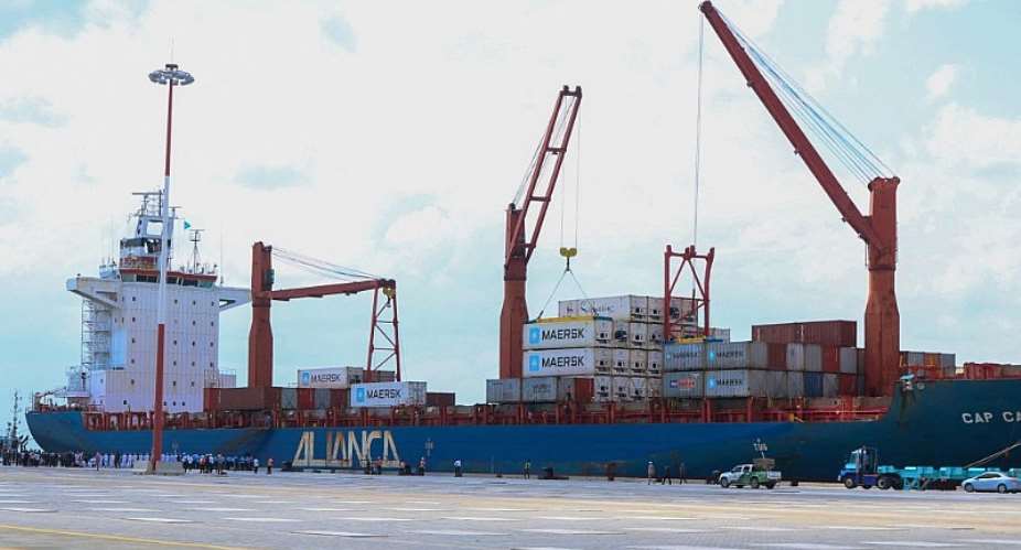 A container ship docks at the Lamu Port in Kenya.  - Source: Dihoff Mukoto/AFP via Getty Images