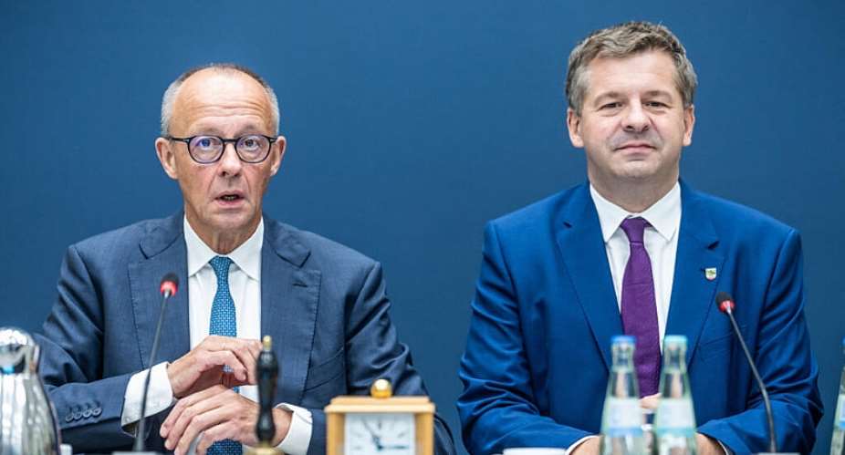 German Chancellor Friedrich Merz and Sven Schulze, Minister-President of Saxony-Anhalt and state chairman of the CDU in Saxony-Anhalt, attend the meeting of the CDU Federal Executive Committee at the Konrad Adenauer House, in Berlin, Monday, 7 September 2026. - Michael Kappeler/DPA via AP - Michael Kappeler