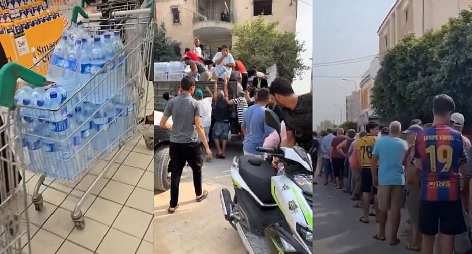 At left: this is a screengrab of a video shared on TikTok by mchalbi on August 31. Middle: This image shows bottled water being distributed. It was posted on X by the Rafael Sereti account on August 31. At right: This image shows a long line of people waiting for water being distributed by a group called  Socit Lespoir in Teboulba near Monastir. -  X / TikTok