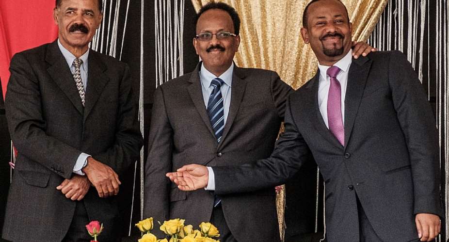 Eritreaamp;39;s President Isaias Afwerki left, Ethiopiaamp;39;s Prime Minister Abiy Ahmed right and Somaliaamp;39;s President Mohamed Abdullahi Mohamed. - Source: