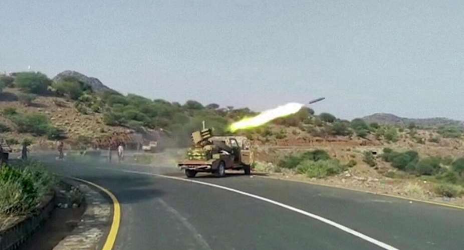 A rocket fired by the Riyadh-backed National Resistance Forces at Houthi fighters on the Kadha front, in Yemens western Taiz province. -  AFP
