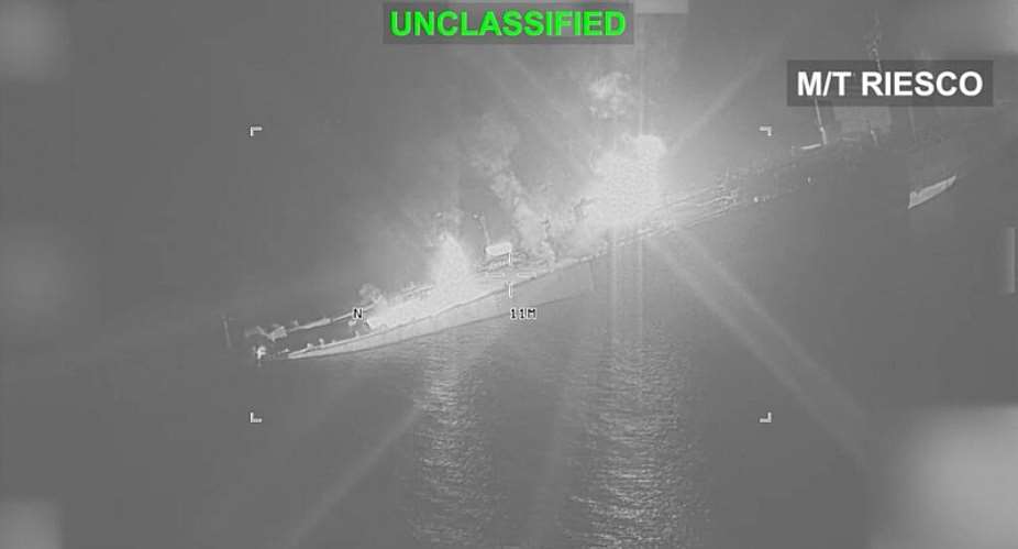 An Iranian crude oil carrier identified as M/T Riesco burns as it sinks after being struck by the US on September 8, 2026. -  US Central Command via Reuters