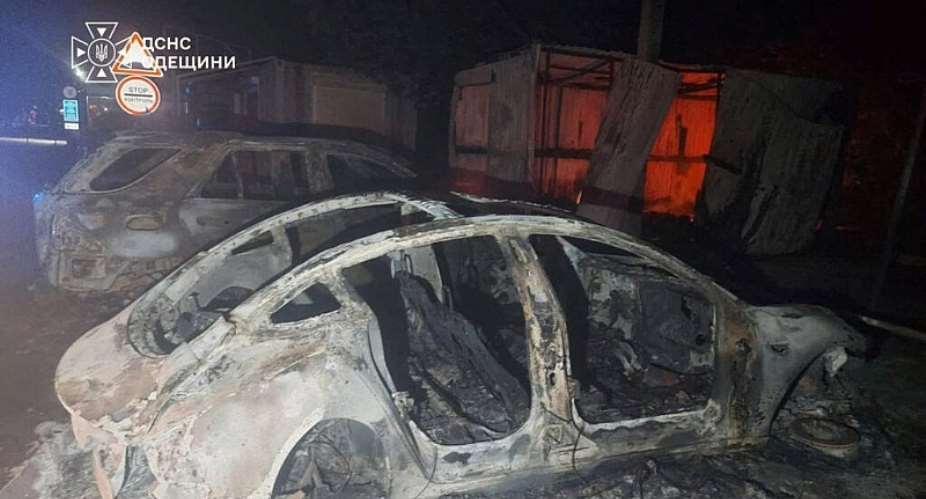 Burned-out cars mark the site of a Russian drone strike on a Ukraine-Moldova border crossing in the Odesa region in this handout picture released September 9, 2026. -  State Emergency Service of Ukraine via Reuters