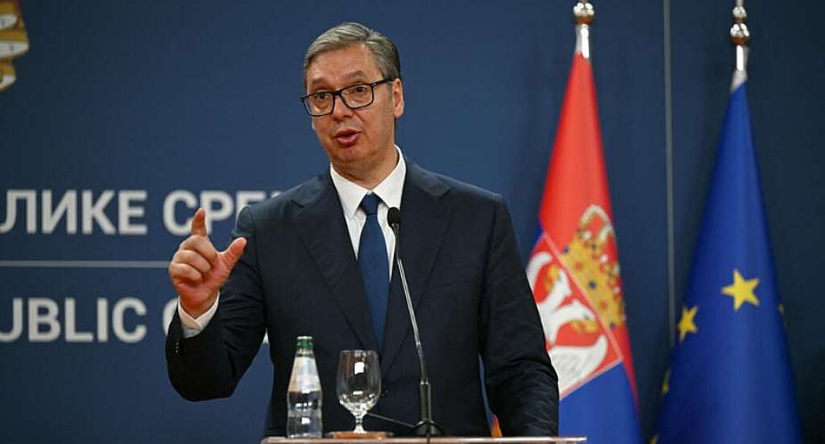 Serbias President Aleksandar Vucic speaks during a joint press conference with Ukraines President Volodymyr Zelensky following their meeting at the Palace of Serbia in Belgrade on August 8, 2026. -  Andrej Isakovic, AFP