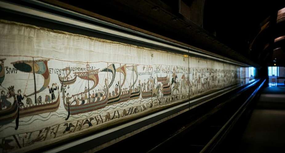 This photo taken Sept. 18, 2019 shows the 11th century Bayeux tapestry chronicling the Norman conquest of England, in Bayeux, Normandy, France. -  AP - Kamil Zihnioglu