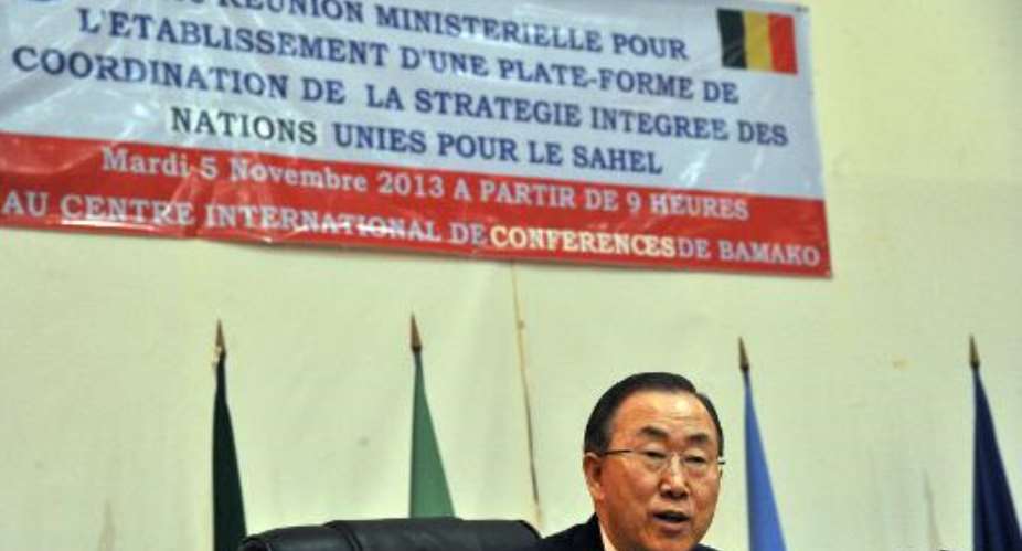 UN chief Ban Ki-moon gives a speech at an inter-ministerial meeting to discuss coordination and a UN integrated strategy for the Sahel region in Bamako on November 5, 2013.  By Issouf Sanogo AFPFile