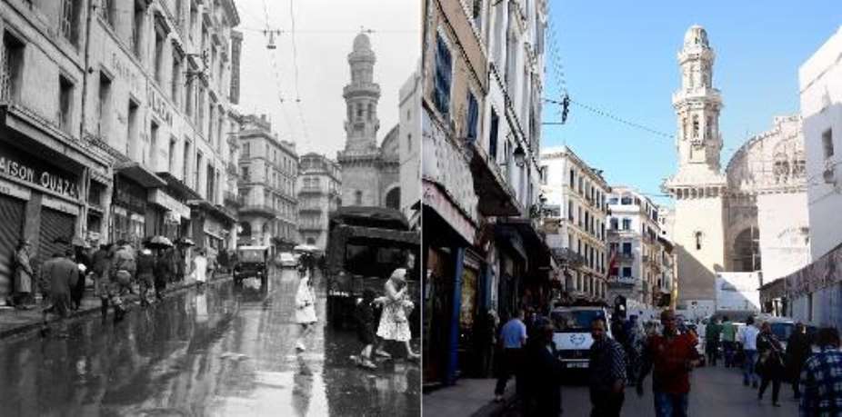 Left soldiers standing guard in a street leading to the Ketchaoua Mosque on December 11, 1960 and right people walk down a street leading to the Ketchaoua Mosque in the historical Casbah distrisct on October 29, 2014.  By  AFP