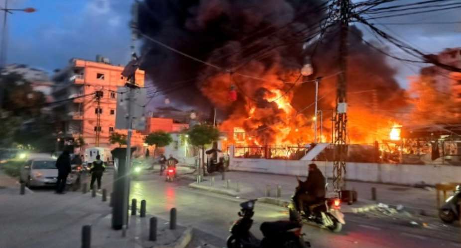 A blaze sweeps following Israeli bombardment on a solar farm and electricity generation facility in Lebanons southern coastal city of Tyre.  By Kawnat HAJU (AFP)