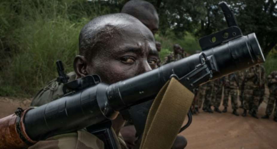 A Central African Republic soldier trains with an anti-tank weapon in August 2019.  By FLORENT VERGNES AFPFile