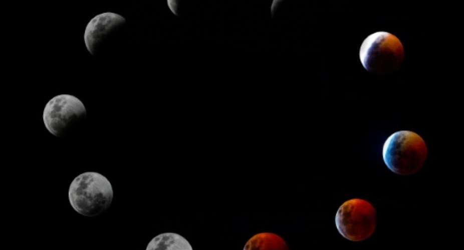 A composite photo shows all the phases of the so-called Super Blood Wolf Moon total lunar eclipse.  By Luis ACOSTA AFP