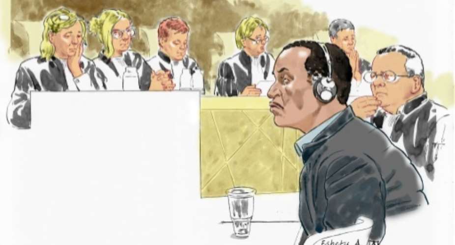 A court sketch from earlier in his trial  shows Eshetu Alemu, found guilty of war crimes during the reign of former Marxist dictator Mengistu Haile Mariam while top administrator in the country's northwest.  By Aloys OOSTERWIJK ANPAFPFile