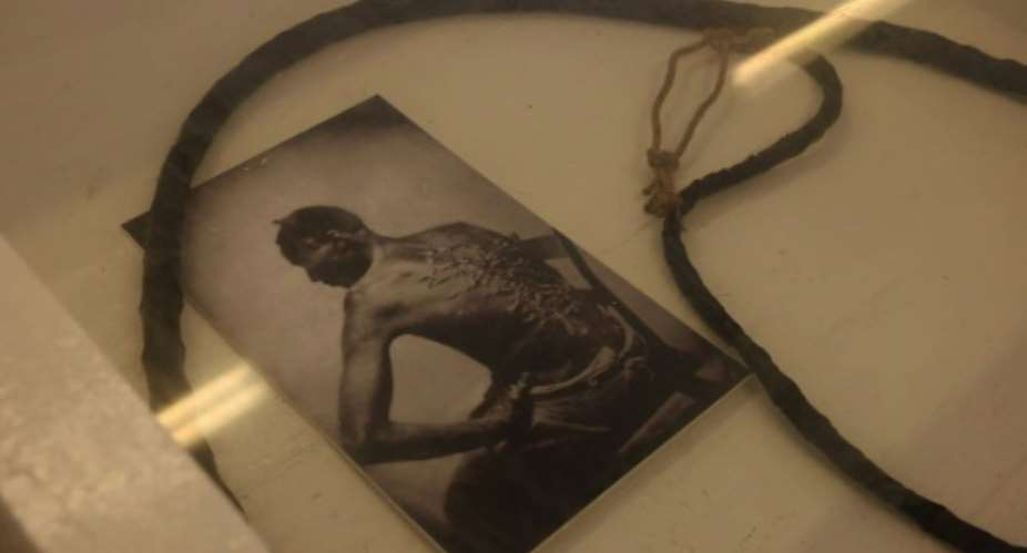 A display including a whip at the museum on transatlantic slavery in Cacheu, Guinea-Bissau supported by the Mario Soares foundation.  By Fabien Offner AFPFile