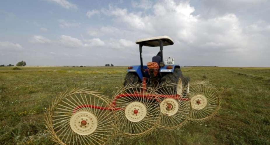 A farmer uses a hay-collecting machine in a field in the Zehiliga region of Morocco. Rising fertiliser costs are threatening the livelihoods of many farmers.  By Abdel Majid BZIOUAT (AFP)