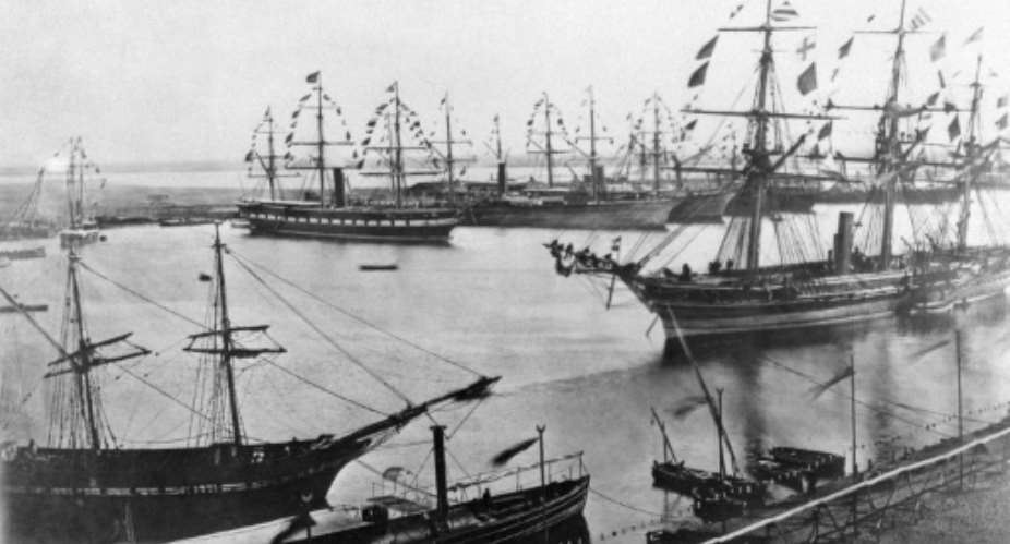 A file photo from November 1869 shows the inauguration of the Suez Canal in Egypt, which opened after a decade-long construction to link the Mediterranean to the Red Sea.  By - AFPFile