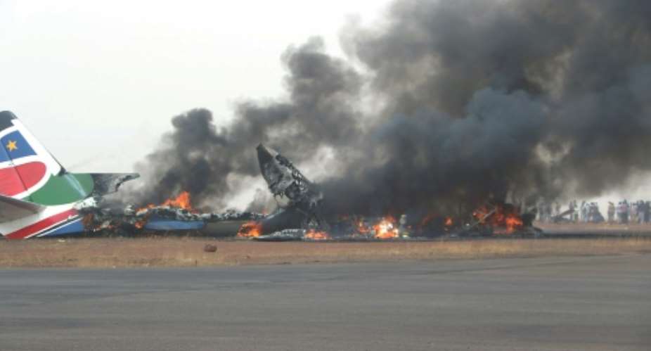A fireball consumed the South Supreme Airlines plane soon after it crash landed in northwestern South Sudan on Monday.  By HAND OUT UNMISSAFP