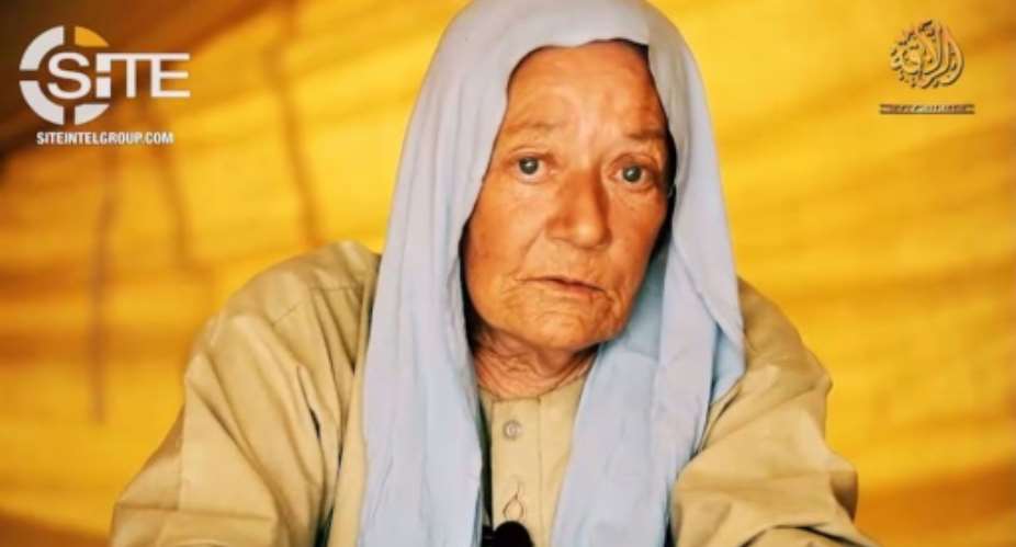 A June 2018 video grab from an undated and unlocated video provided by the SITE Intelligence Group shows 75-year-old Frenchwoman Sophie Petronin,who was abducted by gunmen in December 2016 in Gao, Mali, where she worked for a children's charity.  By - SITE INTELLIGENCE GROUPAFPFile