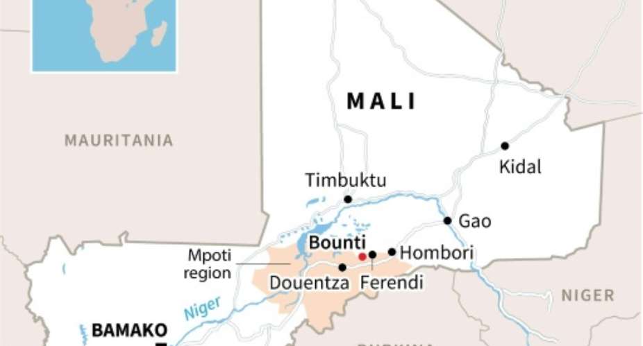 A map of Mali locating Bounti, where a wedding was reportedly attacked on Sunday.  By Manel MENGUELTI AFP
