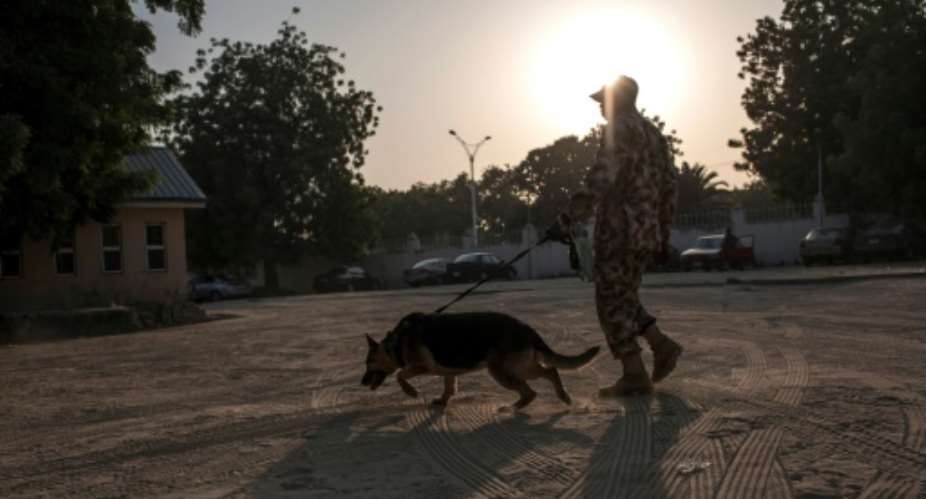 A Nigerian soldier with his sniffer dog patrols on January 18, 2017.  By STEFAN HEUNIS AFPFile