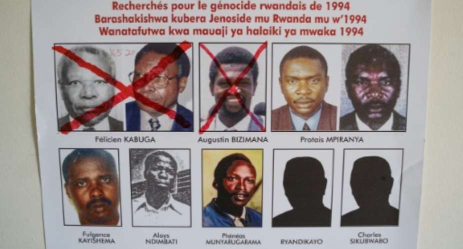 A picture taken on May 19, 2020, shows key suspects in the 1994 Rwandan genocide, on a wanted poster on the wall at the Genocide Fugitive Tracking Unit office in Kigali, Rwanda.  By Simon Wohlfahrt AFP