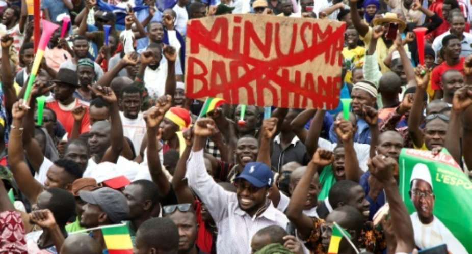 A placard in the crowd reflects opposition to the UN peacekeeping mission in Mali, MINUSMA, and France's anti-jihadist force, Barkhane.  By ANNIE RISEMBERG AFP