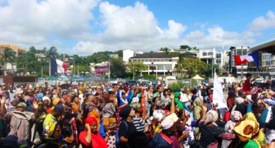 A protest on Tuesday in Mamoutzou, the biggest city on the French Indian Ocean island of Mayotte.  By Ornella LAMBERTI AFP