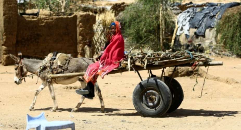 A Sudanese refugee sits at a donkey-pulled-cart at a UN refugee camp in the city of Nyala, in South Darfur, on January 9, 2017.  By ASHRAF SHAZLY AFPFile