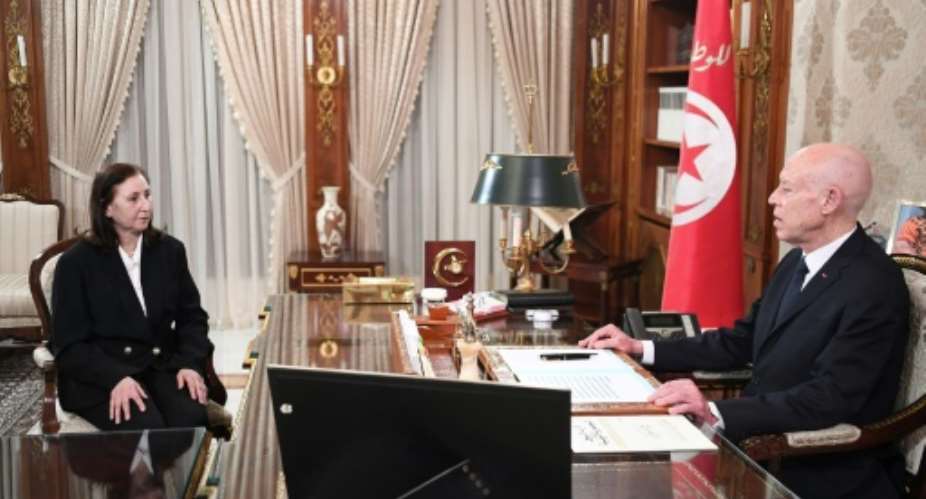 A Tunisian Presidency Press Service of President Saied with new Prime Minister Sarra Zaafrani Zenzri.  By - (TUNISIAN PRESIDENCY/AFP)