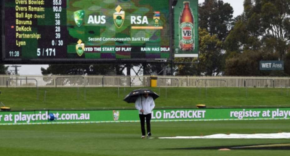 A umpire inspects the outfield at the Bellerive Oval in Hobart as the second day's play of the second Test cricket match between Australia and South Africa is abandoned due to contineous rain, on November 13, 2016.  By Saeed Khan AFP