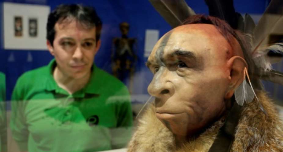 A visitor looks at El Neandertal Emplumado, a scientifically-based impression of the face of a Neanderthal who lived about 50,000 years ago. Scientists estimate that among non-Africans today, one to four percent of the DNA comes from Neanderthals.  By CESAR MANSO AFPFile