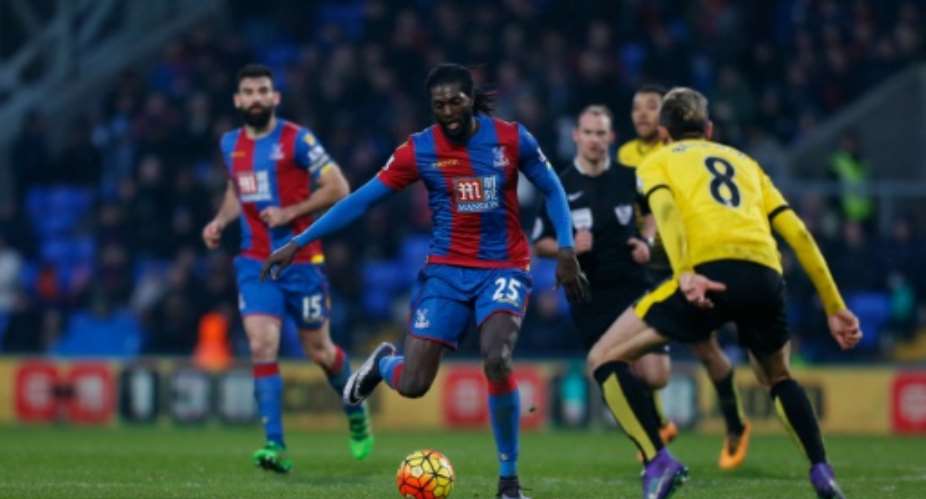 Crystal Palace's Togolese striker Emmanuel Adebayor C plays the ball during an English Premier League match at Selhurst Park in south London on February 13, 2016.  By Ian Kington AFPFile