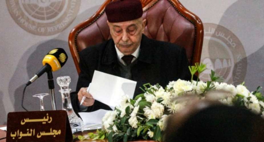 Aguila Saleh, pictured chairing a House of Representatives session on December 7, 2020, is a rival of interim Prime Minister Abdulhamid Dbeibah.  By Abdullah DOMA AFPFile