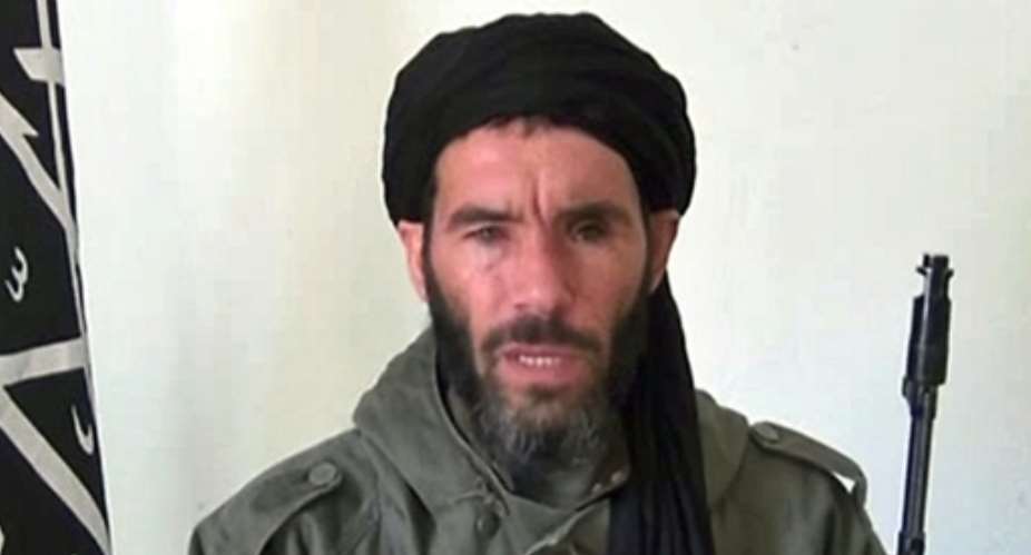 An undated grab from a video obtained by ANI Mauritanian news agency reportedly shows former Al-Qaeda in the Islamic Maghreb AQIM leader Mokhtar Belmokhtar speaking at an undisclosed location.  By  ANIAFP