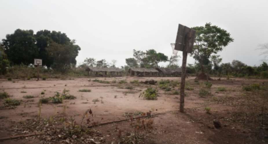 An abandoned school and a stadium in the South Sudanese refugee camp in Obo.  By FLORENT VERGNES AFPFile