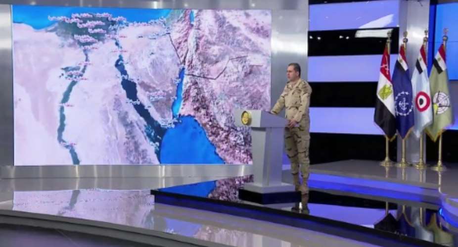 An image grab from February 9, 2018 shows Egypt military spokesman Colonel Tamer al-Rifai announcing the launch of a major operation in the Nile Delta and Sinai Peninsula against an Islamic State group affiliate insurgency.  By HO EGYPTIAN DEFENCE MINISTRYAFP