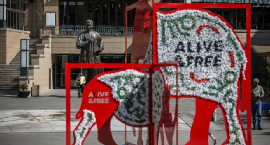 An installation showing a rhino and an elephant in Mandela Square as part of the CITES Convention on International Trade in Endangered Species of Wild, Fauna and Flora convention in Johannesburg on September 26, 2016.  By Marco Longari AFPFile