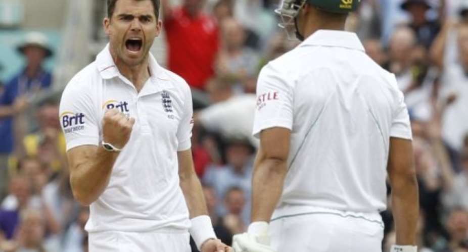 England's James Anderson celebrates taking the wicket of South Africa's Alviro Petersen for 0.  By Ian Kington AFP
