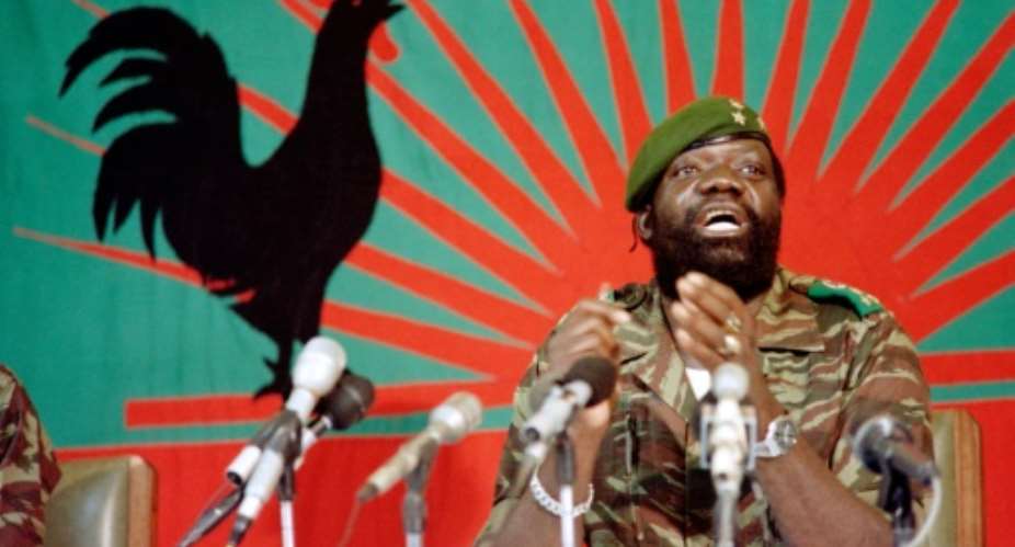 Jonas Savimbi addresses soldiers in Jamba on December 11, 1985.  By Christian Chaise AFPFile